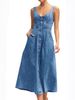 K Women's Denim Distressed Shoulder Strap Single Row Button Mid Length Dress_ecoleips.com