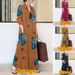 Muslim Dress Women Long Sleeve Printed Cotton Linen Shirt Dress With Turn-Down Collar & Side Pockets, Loose Fit Bohemian Maxi Dress_ecoleips.com