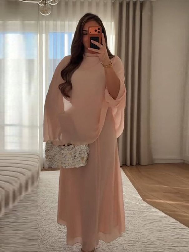 Women New Arrival Gentle Temperament High Neck Loose Flowy Long Sleeve Shawk Design Elegant Casual Dress For Ladies_ecoleips.com
