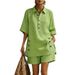 Women's Clothing Cotton Linen Button Down Shirt And Shorts Set Casual Loose Two-Piece Spring Summer Store New_ecoleips.com