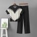 Women's Summer Knitted Set round Neck Short Sleeve Jacquard Top Wide Leg Pants Two Piece Fashion Casual European American Style_ecoleips.com