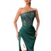 Women’s Clothing New Green Sequin Fairy Long Sleeveless Fashion One piece Temperament Mid length Evening Dress_ecoleips.com