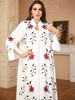Muslim Dress Women Elegant Arabian White Printed Robe - Modest Long Sleeve Dress For Women, Flowy Maxi Dress With Cultural Embroidery_ecoleips.com