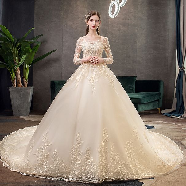 Champagne Lace Long Sleeve Wedding Dress With Cathedral Train, Plus Size Bridal Gown For Elegant Bride, Flowy A-Line Silhouette_ecoleips.com
