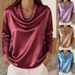Women's Elegant Satin Top Long Sleeve Relaxed Fit Stacked Neck Luxe Polyester Blend Casual Office Wear Brick Red Lavender Mustard Sky Blue_ecoleips.com