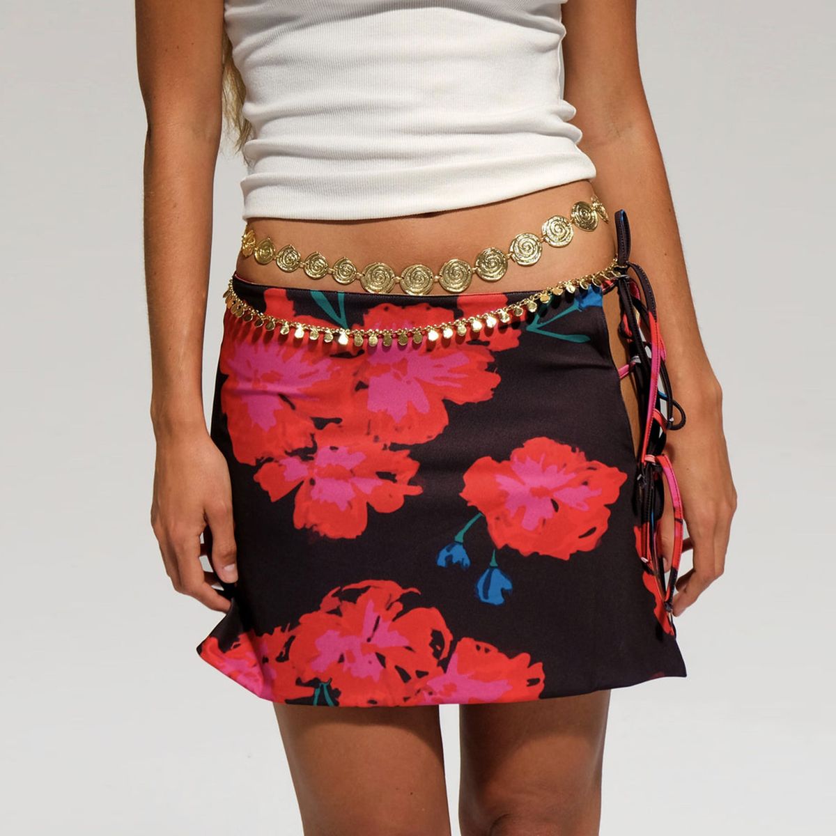 Verve S32261 New Women's Sexy Tie Mini Strap Printed Skirt_ecoleips.com