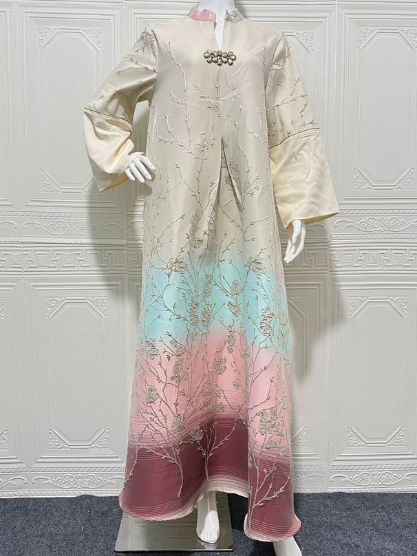 Luxury Embroidered Abaya Dress – Elegant Gradient Dubai Muslim Gown With Jacquard Fabric, Modest Long Sleeve Prayer Dress_ecoleips.com