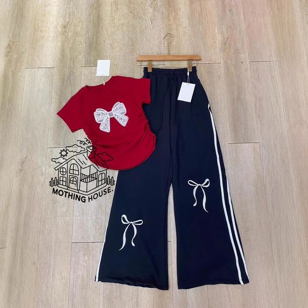 Korean Style Women's Fashion Summer Bow Print Two Piece Set High Waisted Wide Leg Pants Short Sleeved Top_ecoleips.com