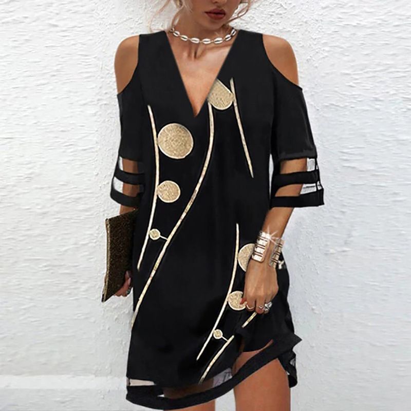 Summer V-Neck Positioning Flower Mesh Short Sleeve Dress Fashion Women's Wear_ecoleips.com