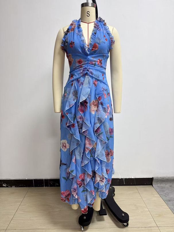 K New Style Gentle And Fashionable Printed Pleated Waist Cinching Dress_ecoleips.com