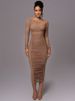Mozision Diagonal Collar Long Sleeve Midi Dress For Women Two Layer Mesh Backless Ruched Bodycon Club Party Sexy Long Dress_ecoleips.com