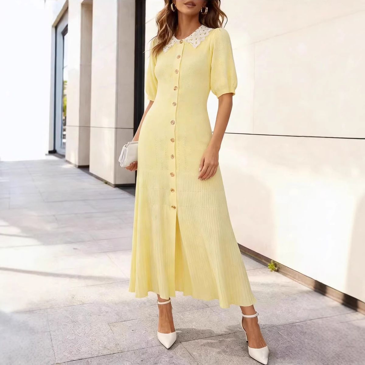 Women's Clothing Summer Bubble Short Sleeve Dress Hollow Out Lace Collar Slimming Knit A Line Gown New Style_ecoleips.com