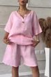 Women's Clothing Summer New Women's 2 piece Set Large Size Cotton and Linen Shirt Set High Waist Loose Shorts_ecoleips.com