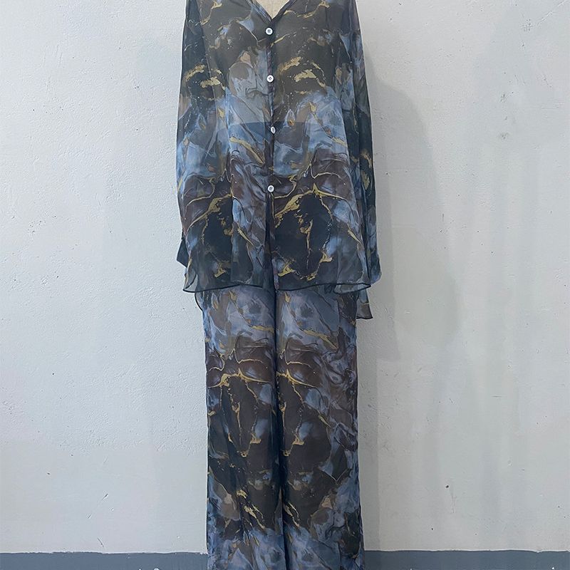 Women's Clothing Suits For Women In Summer, Temperament Goddess Style, Design Sense Printed Tops, Loose Wide Leg Pants, Two Piece Suit_ecoleips.com
