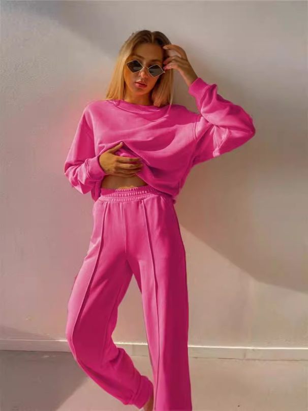 Women's Long-Sleeve Crewneck Sweatshirt & Wide-Leg Pants Set – Solid Color Casual Outfit, 60% Cotton 30% Spandex, Y2K Streetwear Two-Piece (S-L)_ecoleips.com