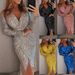 Women's Metallic Gold V-Neck Midi Dress - Long Sleeve Bodycon Dress With High Slit (Sexy Evening Gown Slim Fit Party Dress)_ecoleips.com