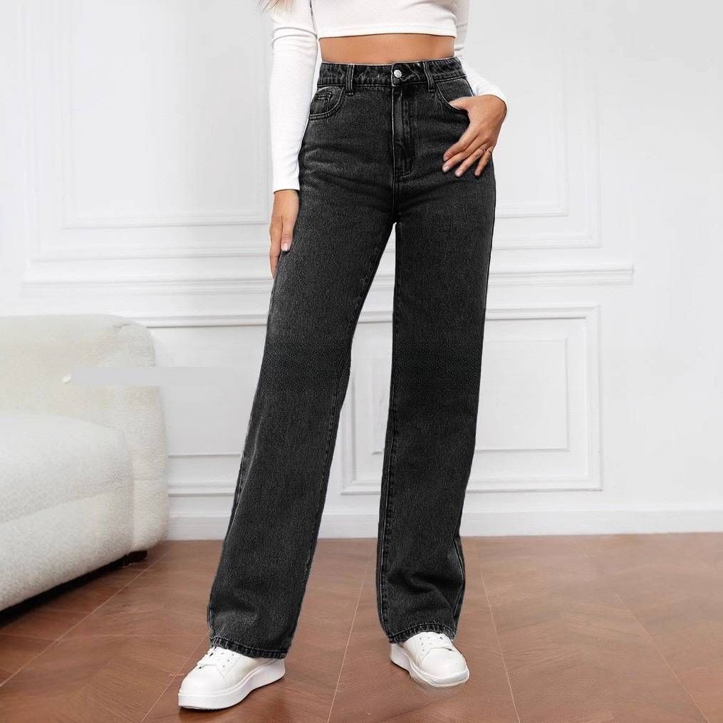 Women's High-Waisted Blue Jeans - Loose Fit Straight Leg,Stretch-Free Cotton, Long Trousers For Spring & Fall_ecoleips.com