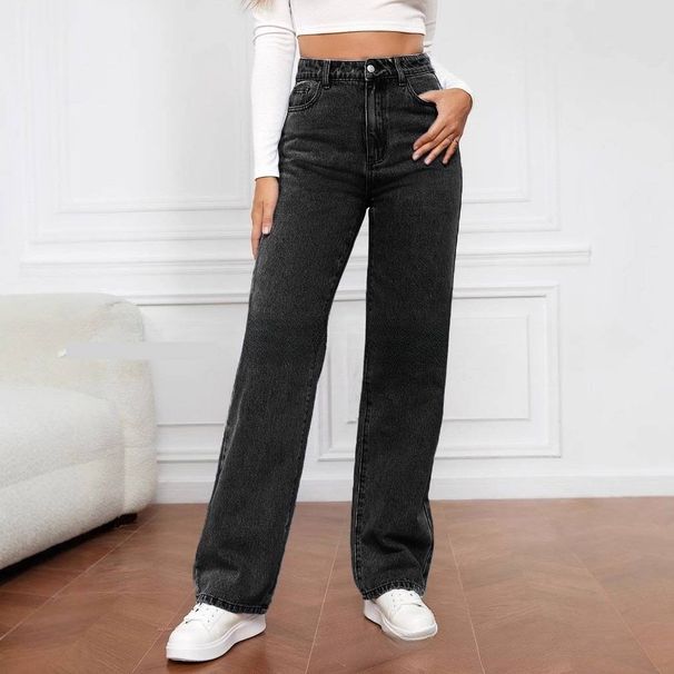 Women's High-Waisted Blue Jeans - Loose Fit Straight Leg,Stretch-Free Cotton, Long Trousers For Spring & Fall_ecoleips.com