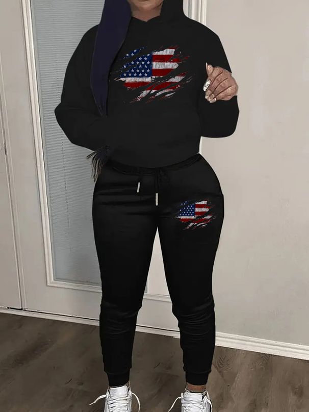 Women's Autumn/Winter Casual Fashion American Flag Pattern Printed Thick Fleece Warm Hoodie+Sports Pants Set-747_ecoleips.com