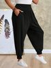Women's plus Size Harem Pants Casual Style Elastic Waistband with Pockets Solid Color Comfortable Fit for Summer_ecoleips.com