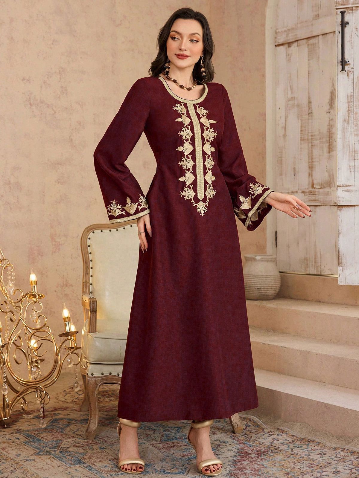 Muslim Dress Women "Luxury Gold-Embroidered Kaftan Dress – Elegant Middle Eastern Jalabiya With Belt (Burgundy/Brown, S-4XL)"_ecoleips.com