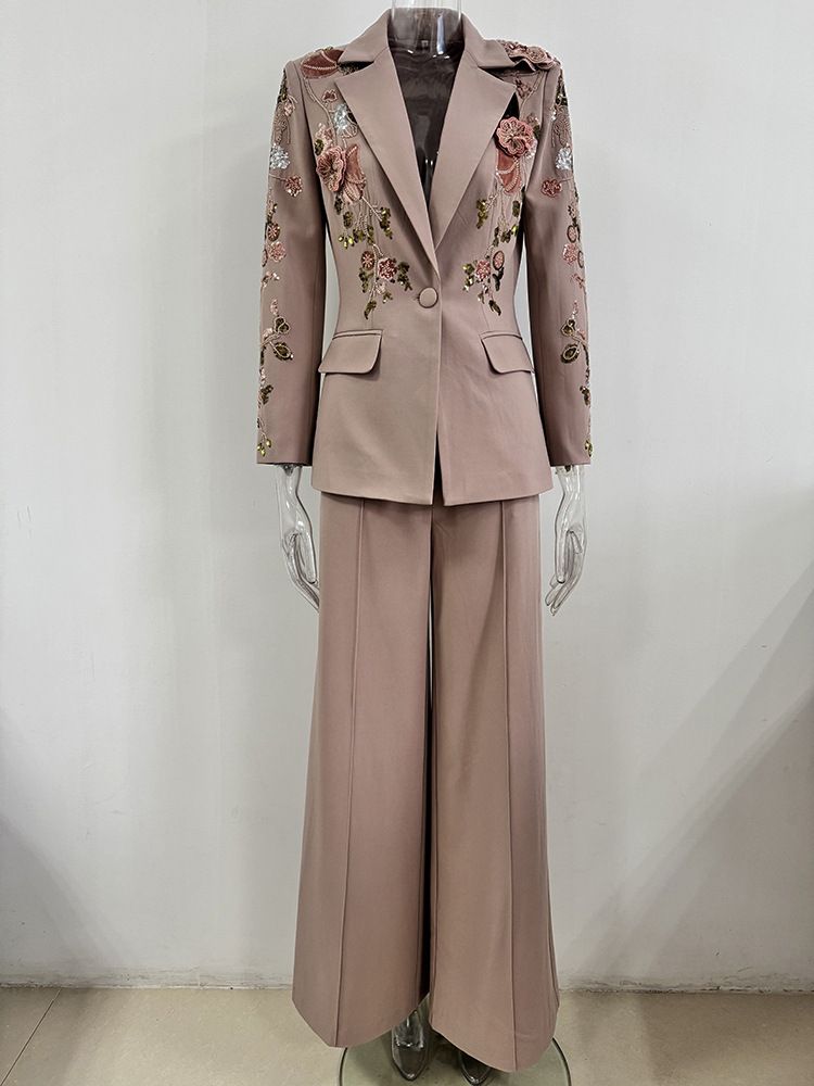 K New Fashion Heavy Industry Nail Bead 3D Flower Jacket, Wide Leg Pants Set, Two Piece Set_ecoleips.com
