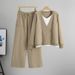 Women’s Knit Sweater & Wide-Leg Pants Set – Oversized Cardigan & High-Waisted Trousers – Color-Blocked Office-to-Weekend Coord (Khaki/Black/Gray)_ecoleips.com