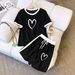 Women's Summer Fresh Two Piece Set Round Neck Short Sleeve Top And Shorts Color Block Design Black White Print 8010_ecoleips.com