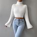Winter Fashion Women's High Neck Cropped Faux Fur Knit Sweater With Bell Sleeves For Streetwear Outfits (White/Black, S/M/L)_ecoleips.com