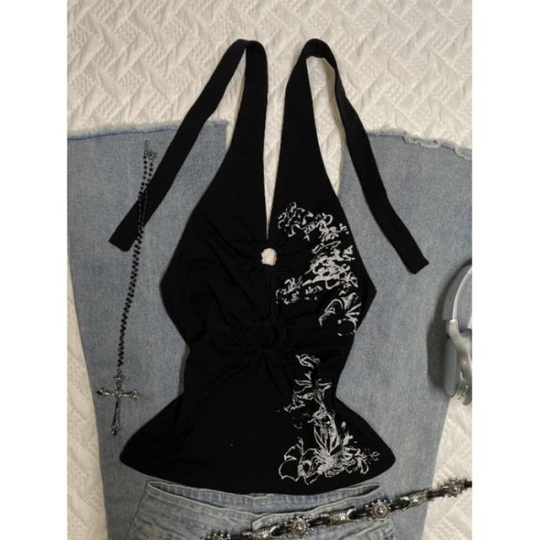Women's Sexy Fashionable Sleeveless Halter Neck T-Shirt Chinese Style Printed Summer Top American Trade Wholesale_ecoleips.com