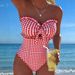 Women's Slim Fit Strapless One Piece Swimsuit 2026 European American Style Striped Checkered Tie Waist Beach Vacation Swimwear_ecoleips.com