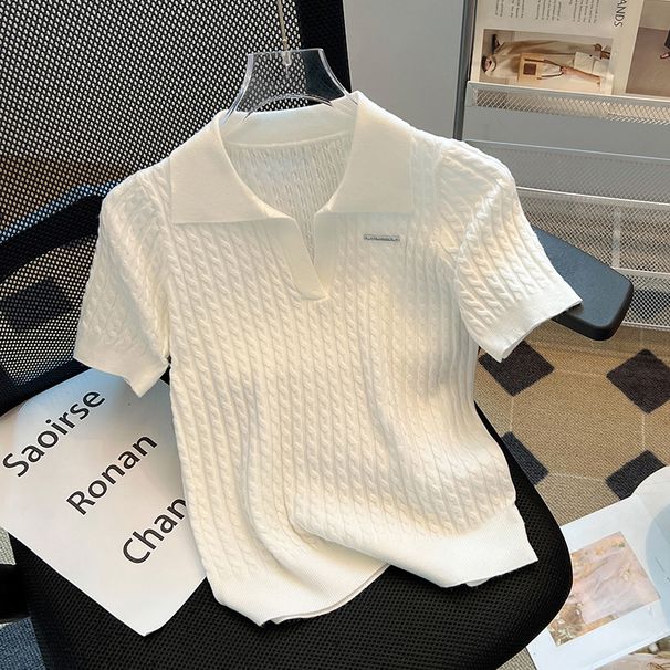 Women's Slimming Collared Knit T-Shirt Short Sleeve Thin Style Summer New Fashion Top_ecoleips.com