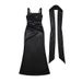 Women's Square Neck Spaghetti Strap Long Dress Solid Color Slim Fit Pleated Waist Fishtail Skirt Ribbon Ties_ecoleips.com