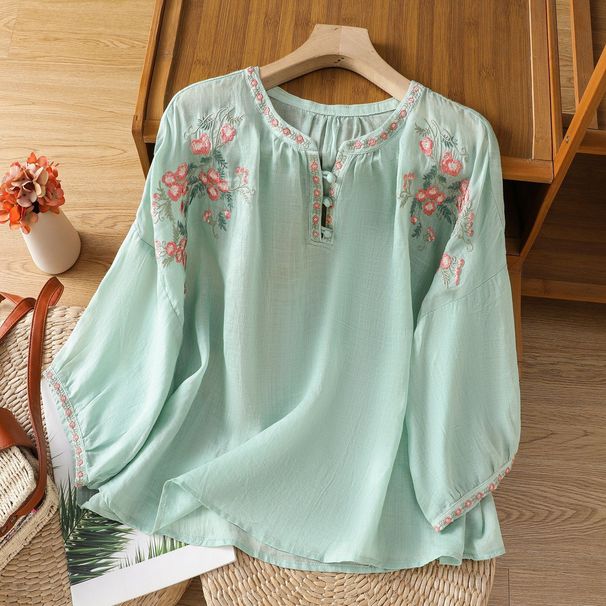 A Modern, Ethnic-Style Short-Sleeved Top Made Of Cotton And Linen With Heavy Embroidery Details Perfect For Summer And_ecoleips.com