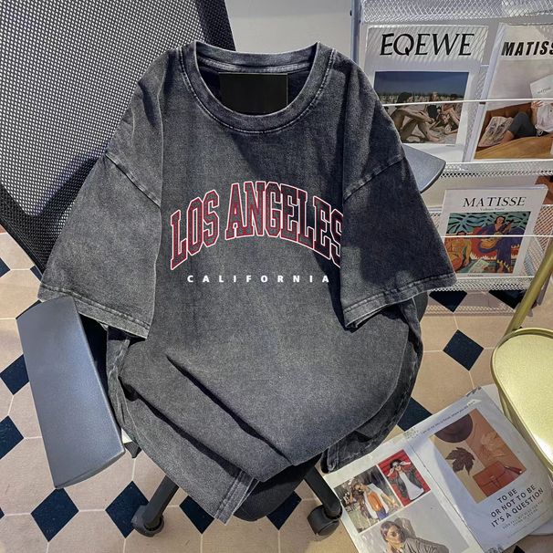 2024 Summer New Pure Cotton Sho Sleeve T-Shi For Women, Ins Trendy Brand, College Style Top, Washed Vintage Base_ecoleips.com