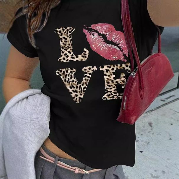 Y2k Leopard Print Love Pattern Women's T-Shirt - Stylish Short Sleeve Round Neck Top For Summer (White, Black) - S/M/L/Xl_ecoleips.com