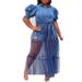2025 New European And American Plus Size Women's Dress Cardigan Long Elegant Commuting Blue Denim Patchwork Mesh Skirt_ecoleips.com