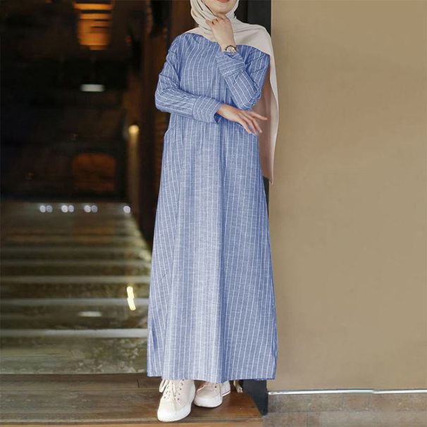 Women's Clothing Fashion Autumn Literary And Artistic Leisure Retro Women's Clothing Striped Cotton And Linen Round Neck A Line Skirt Dress_ecoleips.com