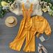 Women's Trend New Suspender Pleated Wide Leg Jumpsuit Stand Up Collar Short Sleeved Cardigan Shirt Two Piece Set_ecoleips.com