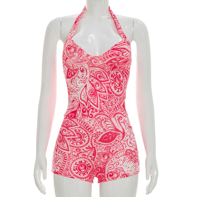 Women's Slim Fit Two Piece Set C26ST073 European American Style Summer New Sleeveless Halter Neck Snake Print Top Shorts_ecoleips.com