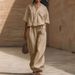 Women's Summer 2 Piece Outfit Short Sleeve Shirt And Loose Pants Set Comfortable Cotton Blend Casual Separates_ecoleips.com