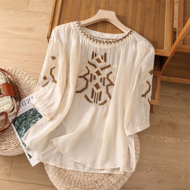 Heavy-Duty Embroidered Cotton/Linen Shirt With Five-Quarter Sleeves; Designed For Women In Summer, Featuring A Loose Fit_ecoleips.com