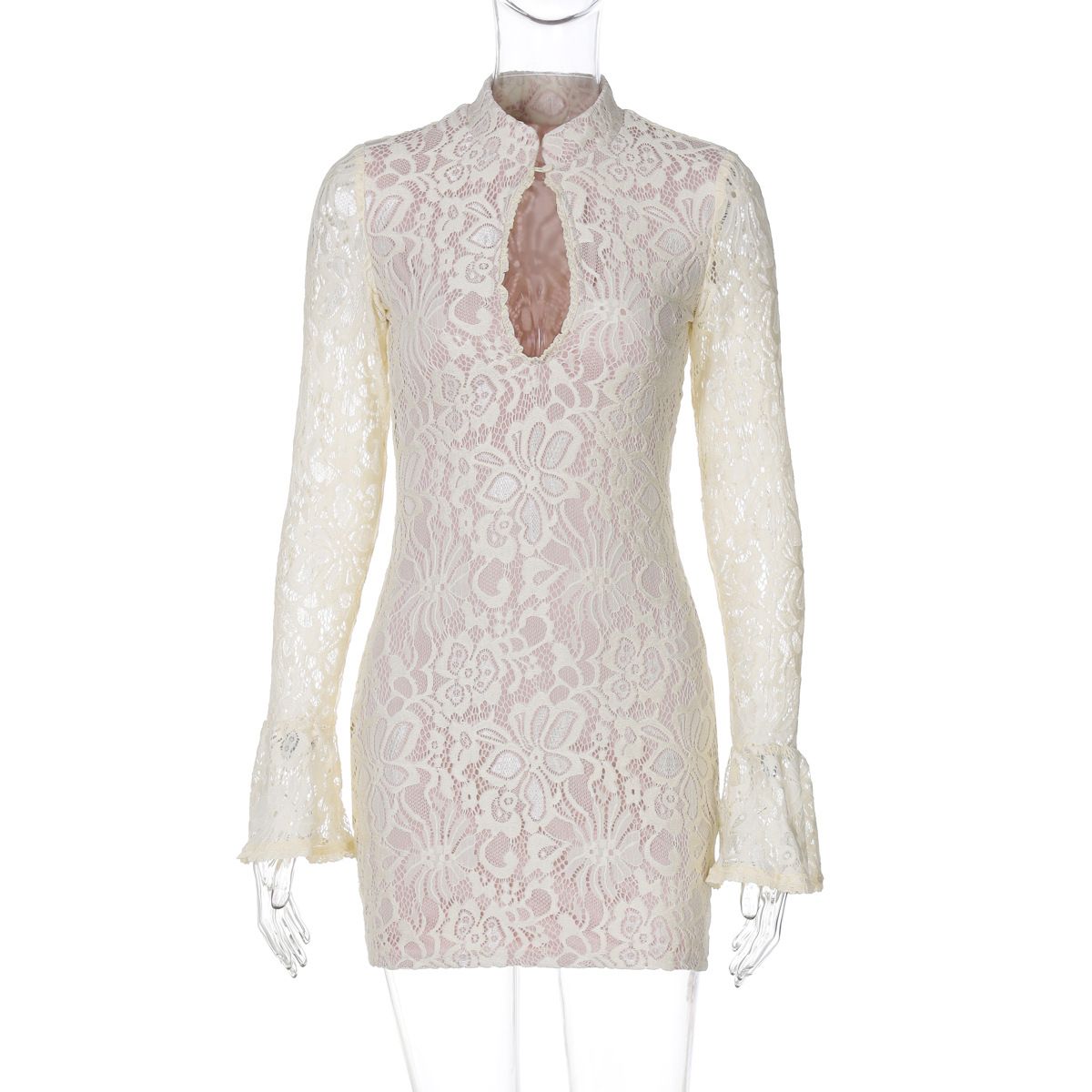 French Lace Bell Sleeve Dress – Elegant Hollow Out Bodycon Dress For Date Night & Cocktail Parties (Black/Buff/White, S-L)_ecoleips.com