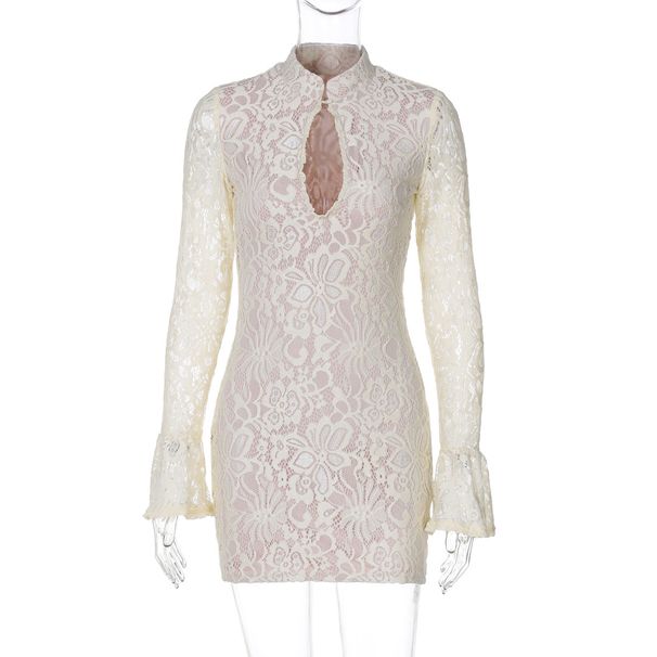 French Lace Bell Sleeve Dress – Elegant Hollow Out Bodycon Dress For Date Night & Cocktail Parties (Black/Buff/White, S-L)_ecoleips.com
