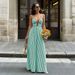 Women's Clothing Summer Deep V Neck Striped Resort Dress Backless Sleeveless Halter Neck Gown For Women_ecoleips.com
