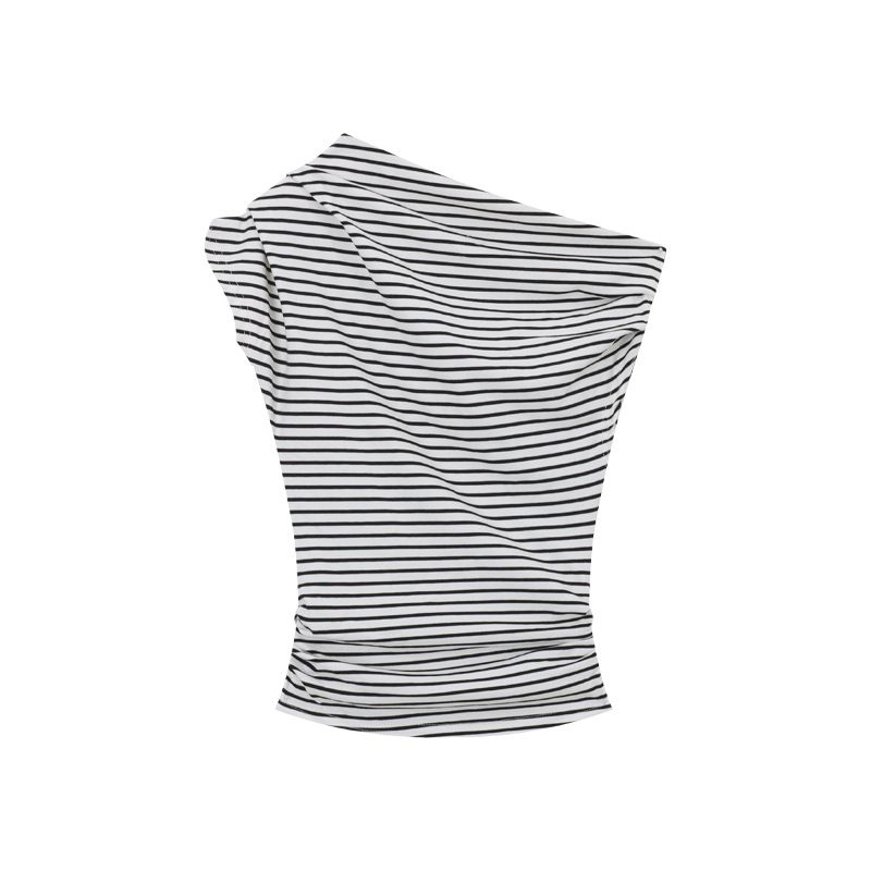 Women's Slim Fit Striped T-Shirt 2025 Summer New Style Off-Shoulder Short Sleeve Sexy Student Top_ecoleips.com