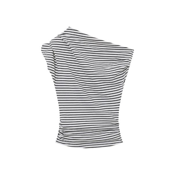 Women's Slim Fit Striped T-Shirt 2025 Summer New Style Off-Shoulder Short Sleeve Sexy Student Top_ecoleips.com