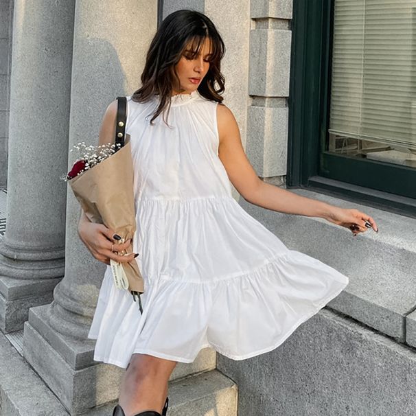 A-Line White Loose Sleeveless Dress With Subtle Waistband For Spring/Summer, Perfect For Daily Wear_ecoleips.com
