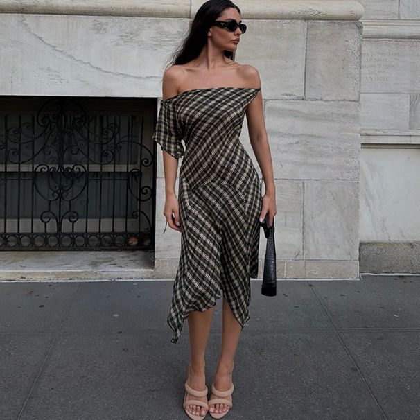 Summer Women's Slim Fit Elegant Off Shoulder Dress Asymmetrical Plaid Print Sexy Waist Cinching_ecoleips.com