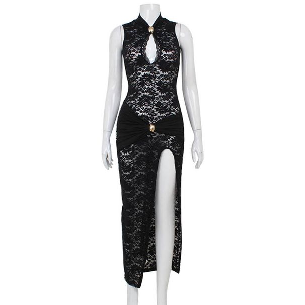 Women's Clothing Fashion Sexy Hollow Lace Design Sleeveless Slim Cheongsam High Slit Dress For Women_ecoleips.com